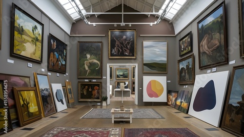 Art Gallery Interior with Wall Paintings Displayed


