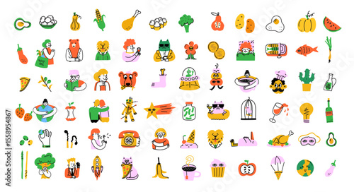 Groovy hipster 90s style avatars, logos, icons stickers illustrations set. Collection of trendy retro doodle illustrations for the patches, stickers, labels, tags, stamps.