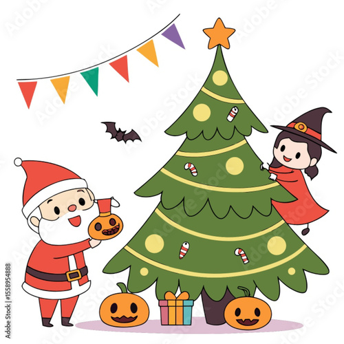Christmas tree with snowman and Santa Claus festive holiday illustration