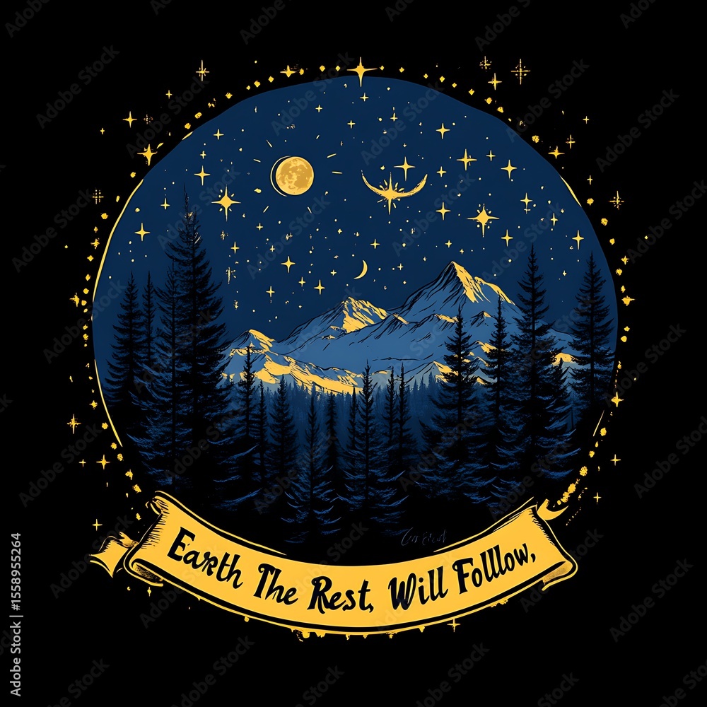 Naklejka premium Night sky over mountain forest scene. A circle design with a quote
