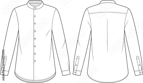 White Long Sleeve Mandarin Collar Shirt Fashion Flat Sketch, Technical Drawing, Vector Template for Men's Apparel Design, Mockup, CAD, Production, Manufacturing, and Portfolio Presentation.