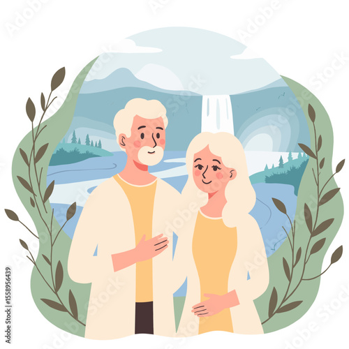 Elderly couple near waterfall. Senior couple enjoying scenic nature view. Retired people admiring waterfall landscape. Love and connection in old age by the water. Elderly set
