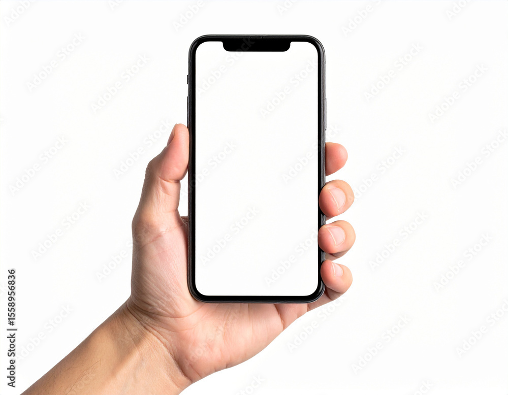 Hand holding a smartphone mock up isolated on white background Hand holding a smartphone mock up isolated on white background