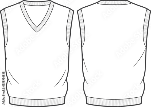 Fashion illustration of a classic men's knit vest, V-neck, sleeveless, rib-knit hem, front and back view, apparel template, flat sketch for technical drawing, vector.