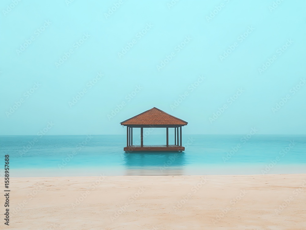 Tropical gazebo on a serene beach in turquoise water Tropical gazebo on a serene beach in turquoise water