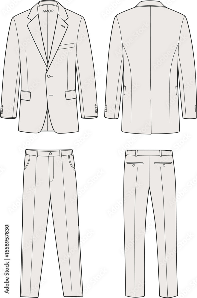 Men's Professional Business Suit Flat Sketch: Front and Back Views of a Classic Two-Piece Formal Attire for Design, Apparel Mockups, and Fashion Illustrations, Featuring Pockets and Buttons. Men's Professional Business Suit Flat Sketch: Front and Back Views of a Classic Two-Piece Formal Attire for Design, Apparel Mockups, and Fashion Illustrations, Featuring Pockets and Buttons.