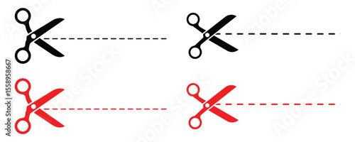 Black and red scissors cutting along a dashed line, isolated on white background