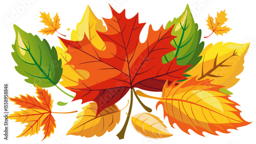 A vibrant collection of autumn leaves in various colors including red orange yellow and green arranged in a scattered pattern