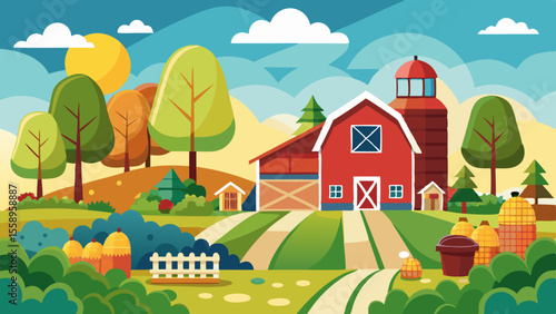 Vibrant cartoon farm scene with red barn silo and lush green fields under a sunny sky
