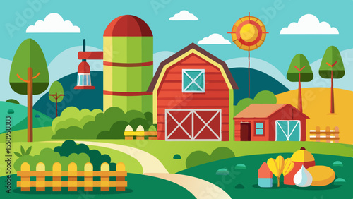 Vibrant flat illustration of a classic red barn and silo on a sunny farm landscape