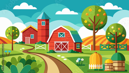 Vibrant flat design illustration of a picturesque farm with red barns a silo fruit trees and rolling hills under a blue sky