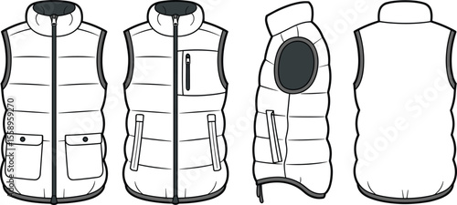 Puffer Vest Flat Sketch Illustration, Trendy Modern Winter Outerwear Design with Zipper and Pockets, Fashionable Warm Padded Apparel Template Vector.