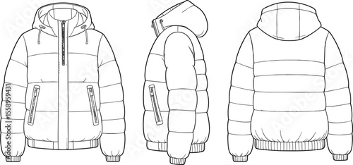 Puffer Jacket Flat Sketch Illustration, Trendy Modern Winter Outerwear Design with Hood and Zipper Pockets, Fashionable Warm Padded Apparel Template Vector.
