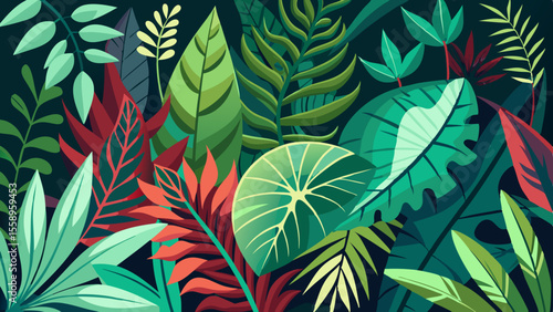 Vibrant tropical jungle foliage with lush green and red leaves against a dark background