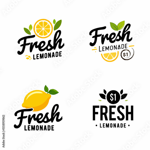 lemonade logos vector icon , four fresh lemonade logos with lemons and leaves on a white background