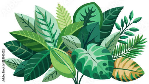 A vibrant illustration of a lush collection of diverse green tropical leaves and foliage