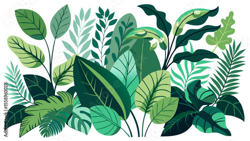 A vibrant illustration of diverse tropical jungle leaves and foliage in various shades of green