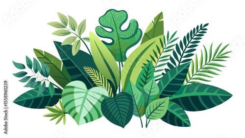 A vibrant illustration of lush green tropical jungle leaves and foliage in a stylized flat design