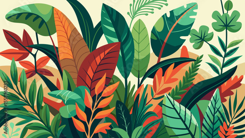 Vibrant tropical foliage with lush green and warm orange leaves in a flat design style