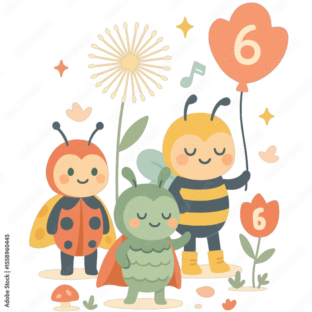 Naklejka premium Garden Bugs in Costume – Age 6 Birthday Celebration