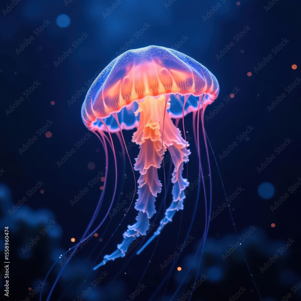 Naklejka premium Bioluminescent jellyfish in dark ocean environment