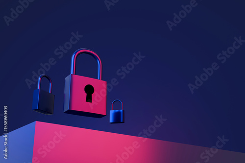 Colorful padlock floating above keyhole with broken key pieces on neon gradient background, symbolizing digital security or data breach