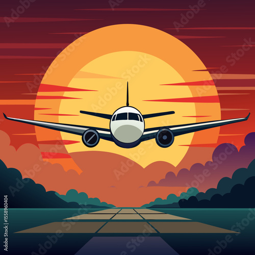 Airplane Taking Off at Sunset