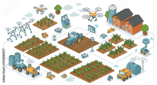 Smart farming vector illustration for agricultural innovation and technology design in isometric style