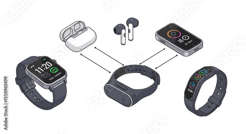 Smart wearable technology vector illustration: modern gadgets for fitness and communication
