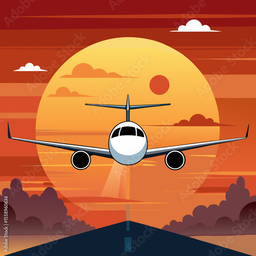 Airplane Taking Off at Sunset