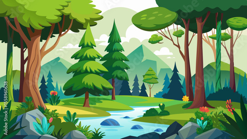 Vibrant cartoon forest landscape with a flowing river and lush green trees and mountains in the background