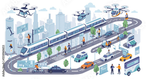 Futuristic urban transportation vector illustration for smart city design in flat style