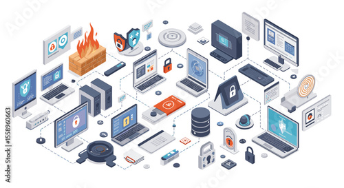 Isometric cybersecurity network vector illustration for digital security awareness design