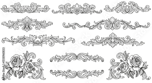Elegant baroque ornaments vector illustration for vintage design and decoration in black line art style