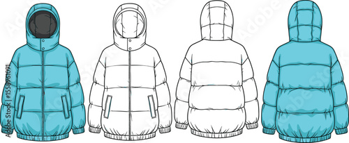 Blue Puffer Jacket Flat Sketch Illustration, Trendy Modern Winter Apparel Design Template with Hood and Zipper, Fashionable Warm Padded Clothing Vector.