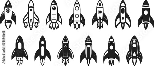 Set of Black and White Rocket Icons in Various Styles