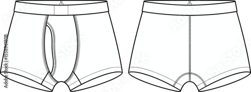 Men's Boxer Briefs Underwear Flat Sketch Template Design, Blank Technical Fashion Drawing, Comfortable Stretch Cotton Basics, Front and Back View, Apparel CAD.
