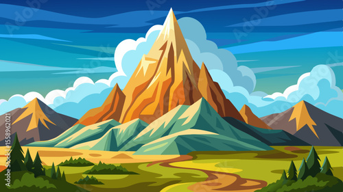 Vibrant cartoon illustration of a majestic golden mountain peak surrounded by rolling green hills and a winding path under a bright blue sky with fluffy clouds