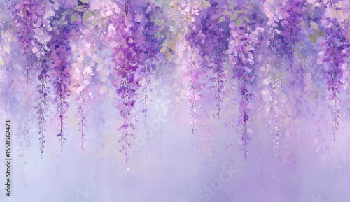 Cascading wisteria blossoms in soft purple hues, painted in a watercolor style, creating a dreamy, romantic atmosphere