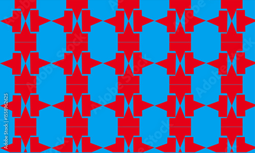 Symmetrical vector pattern with bold red abstract shapes and blue backdrop perfect for digital art wallpapers backgrounds and textile design work

