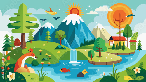 Charming cartoon landscape with a fox mountains waterfall river houses and a bird flying