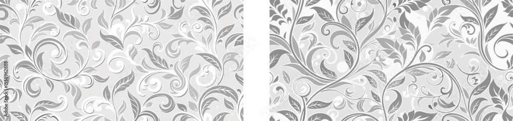 Vector art of two refined seamless floral patterns with grey leaves and vines isolated on transparent background Vector art of two refined seamless floral patterns with grey leaves and vines isolated on transparent background