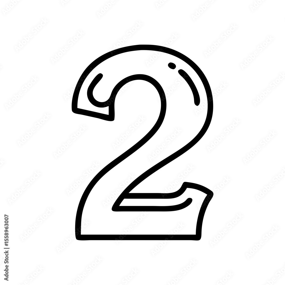 Naklejka premium Stylized outline number two with curved edges in minimal design on white background