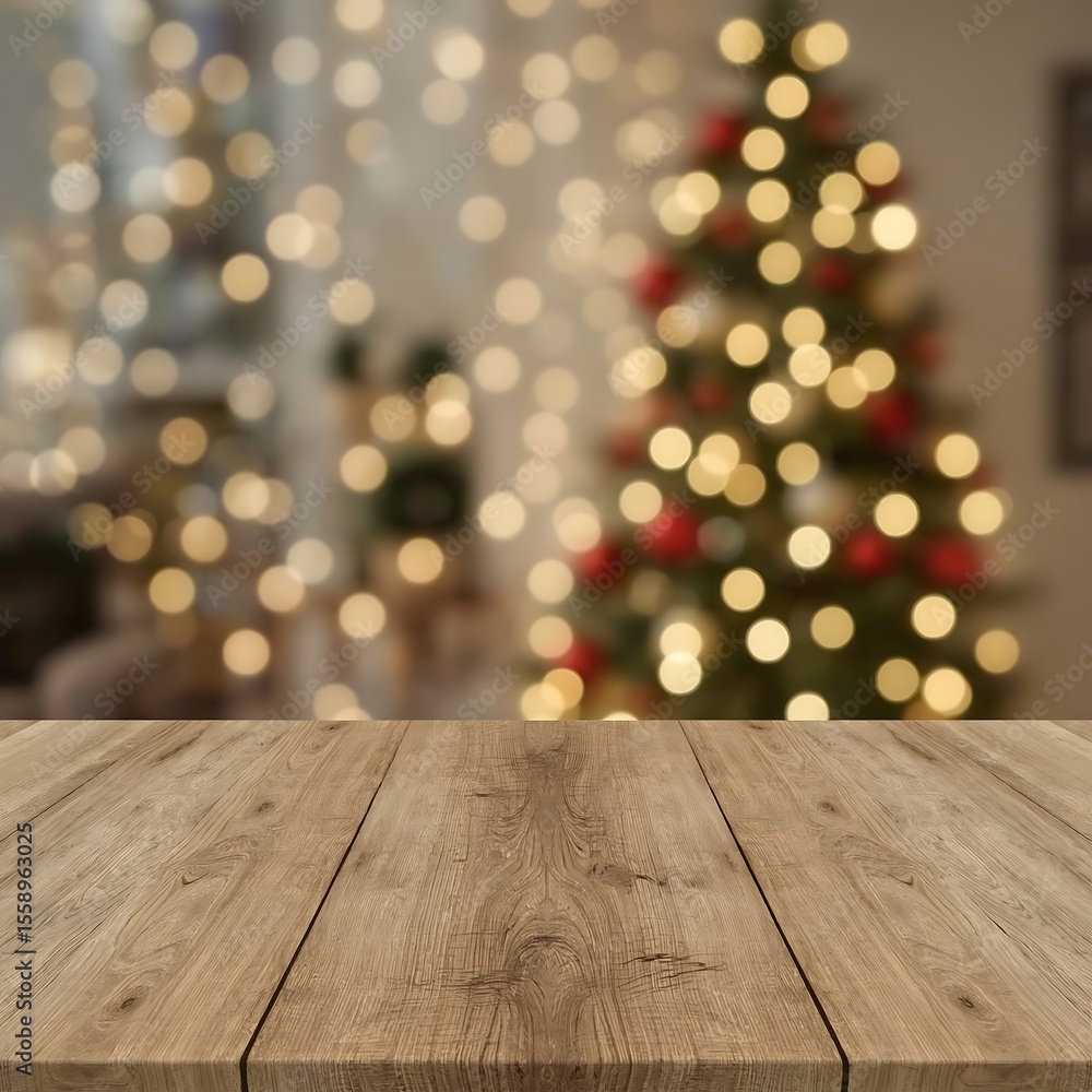 Rustic Wooden Table with Warm Natural Grain in Festive Christmas Background Featuring Bokeh Lights and Decorated Tree – Cozy Holiday Mockup Scene Rustic Wooden Table with Warm Natural Grain in Festive Christmas Background Featuring Bokeh Lights and Decorated Tree – Cozy Holiday Mockup Scene
