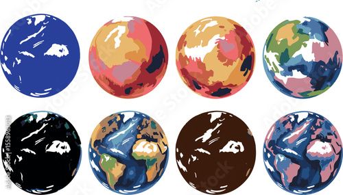 Eight stylized planets with varied color palettes and landmass depictions celestial bodies space