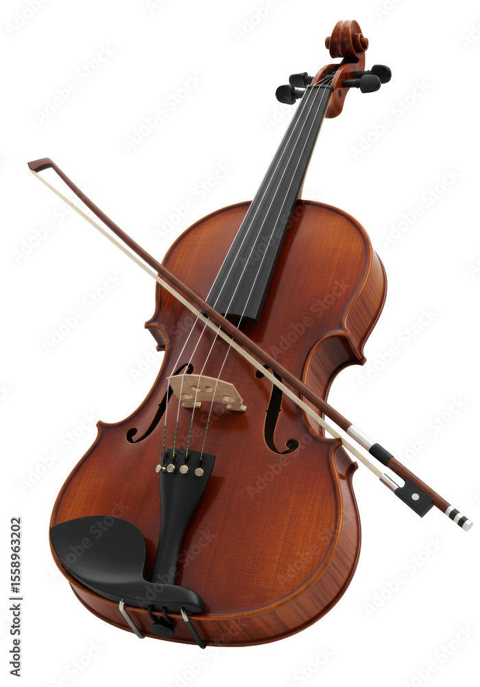 Fototapeta premium A hyper-realistic 8K photo of a lustrous dark brown wood classical violin with an ebony chin rest, a dark wood bow diagonally placed, on a seamless transparent background, expertly lit with no