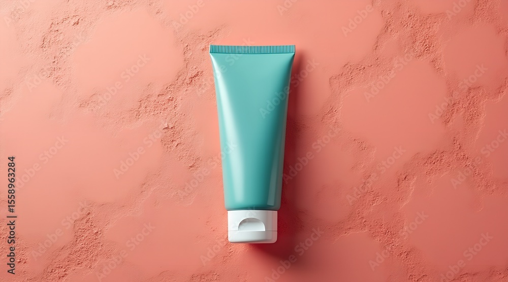 A teal cosmetic tube stands upright against a textured coral pink background A teal cosmetic tube stands upright against a textured coral pink background