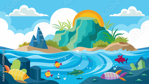 Vibrant cartoon illustration of a tropical island with colorful fish swimming in the clear blue ocean water under a sunny sky