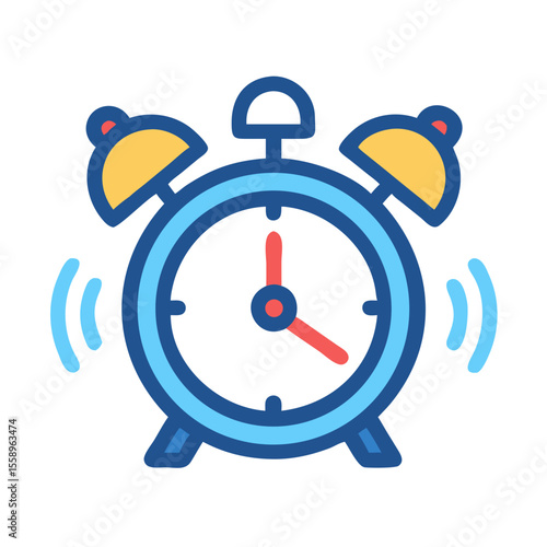 Colorful alarm clock icon, cheerful design, timekeeping concept, copy space
