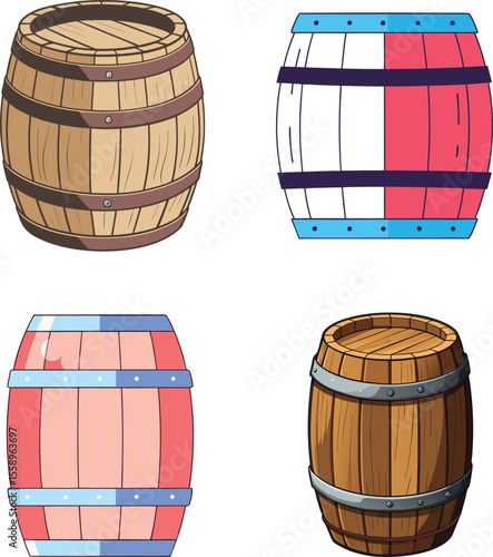Realistic 3D Wooden Barrel with Metal Hoops and Natural Wood Texture. 